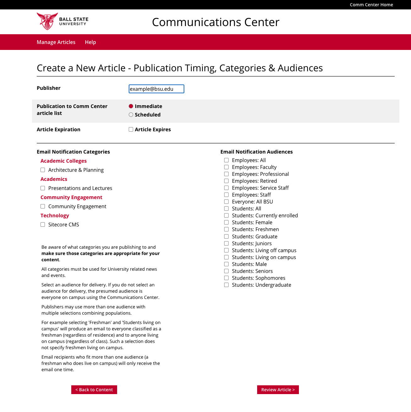 Screenshot of the 'Timing, Categories, and Audiences' step for publishing an article in the Communications Center.